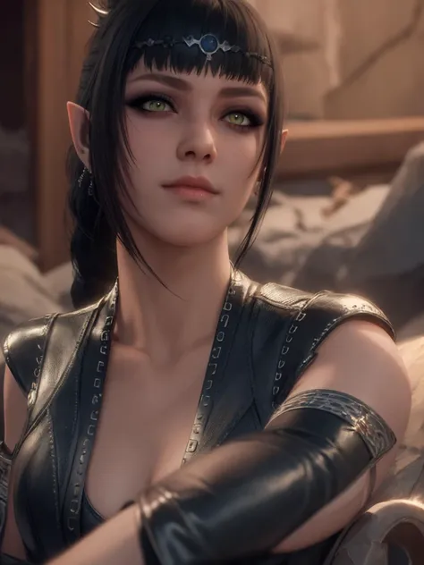 \(Style\): { (masterpiece:1.2, best quality), ultra detailed, 3d animation, baldur's gate 3 style }
\(Composition\): { 1girl, night, moon light }
\(Hair\): { black hair, braided ponytail, blunt bangs, hair covering ears }
\(Appearance\): { <lora:ShadowHeart:0.8>, shadowheart, mature female, cute, slender, skinny, medium breasts, green eyes, pupils, black eyeliner, makeup, elf, pointy ears, lips, elbow }
\(Clothing\): { circlet, leather shirt, cleavage cutout }
\(Behavior\): { light smile, sitting }
\(Location\): { rocks, stones }