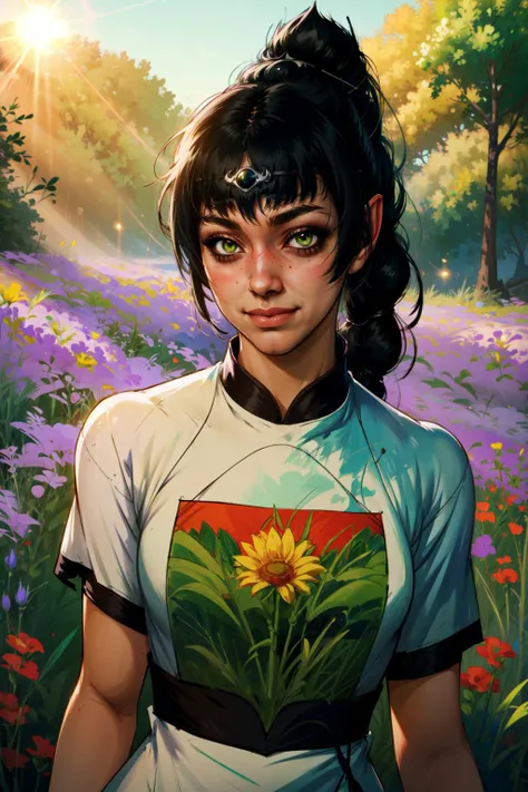(2d style:1.2), (artwork:1.2), lineart,, by (Satoshi Kon:1.2) (masterpiece, best quality), <lora:add_detail:0.55>, (blushing) , outdoor smile
<lora:ShadowHeart:1>, solo, mature woman, 25 yo, shadowheart, selunite, black hair, braided ponytail, green eyes, glowing green eyes ,
(field of flowers , t-shirt dress , flowers, bright sunshine:1.3)
<lora:DarkIncursioStyle:0.55>