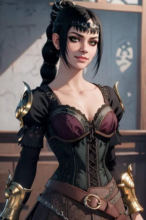 ((Masterpiece, best quality)),edgQuality,smirk,smug,
edgCorset, a woman wearing a corset with a belt,golden embroidery,decoration,
<lora:edgCorset:0.85>
1girl, shadowheart, black hair, braided ponytail, green eyes, circlet, closeup, looking at viewer, <lora:ShadowHeart:1>