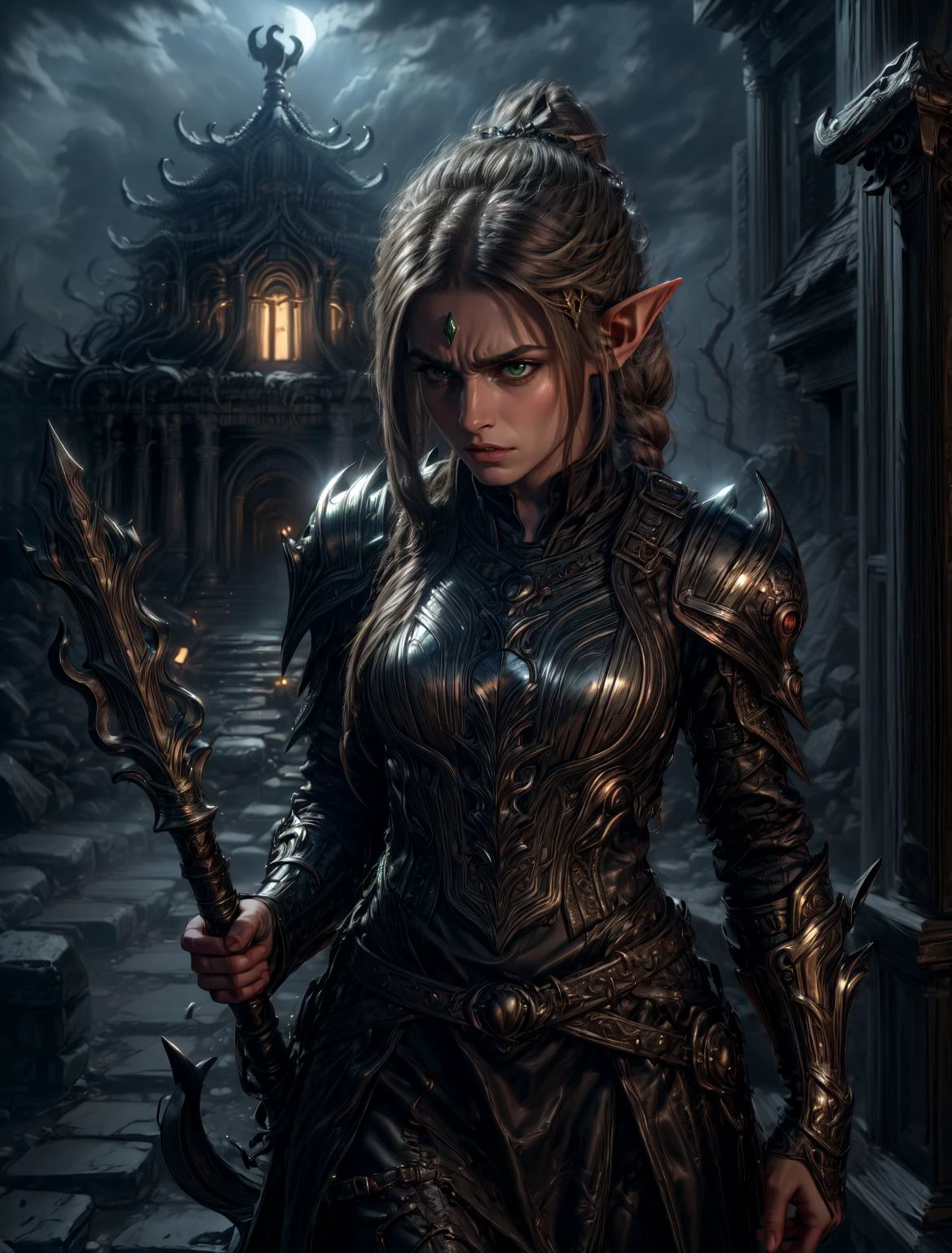 Ultra-realistic 8k CG, masterpiece, best quality, (photorealistic:1.4), absurdres, extremely detailed, real hair,
<lora:Mild detail adjusterV10:1>
<lora:hairdetailer:1>
<lora:stylesqueeze_v1:1>
((evil temple setting:1.1)), ((dark atmosphere:1.1)),
1girl, shadowheart in armor, holding spear, circlet, braided ponytail, green eyes, elf, pointy ears, dynamic pose,
<lora:ShadowHeartV2:0.6>