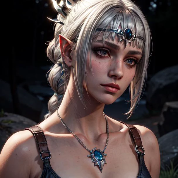 (( <lora:ShadowHeart:0.75>)), shadowheart, ((<lora:more_details:0.75>)), 1girl, ((silver hair)), braided ponytail, circlet, elf, pointy ears, realistic, blurry background, ((busty)), bikini, dark lighting, masterpiece, 8k, ((close up)), ((black background)), ((staring forward))