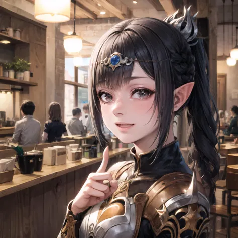 beautiful, (masterpiece), best quality, (extremely detailed face), extremely detailed eyes, perfect lighting, OverallDetail, detailed, deep skin,textured skin,
,1girl, black hair, braided ponytail, elf, pointy ears, <lora:ShadowHeart:0.8>,armor, ( circlet:1.5),
standing in a coffee shop, looking around confused,next to counter, modern background, pointing at coffee,
<lora:Msgk_face:0.8>,:D,,<lora:more_details:0.5>,