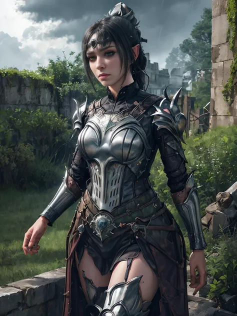 human female cleric, full plate armor, dark hair, standing in front of a castle, (Greenwich armor:1.2), (scowling:1.4), long hair, ponytail, green eyes, detailed eyes, detailed skin, ruined castle in the background, overgrown vegetation, ivy climbing up the side of the castle, castle abandoned for centuries, (from below:1.2), storm clouds, dead trees, castle ruins, cloudy sky, storm, raining, dark sky, (very bad weather:1.4)
<lora:ShadowHeart:1> <lora:more_details:0.6>