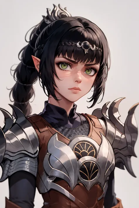 masterpiece, best quality, 1girl, shadowheart, black hair, braided ponytail, green eyes, circlet, upper body, armor, expresionless, sketch, looking at viewer, simple background <lora:ShadowHeartV2:1>