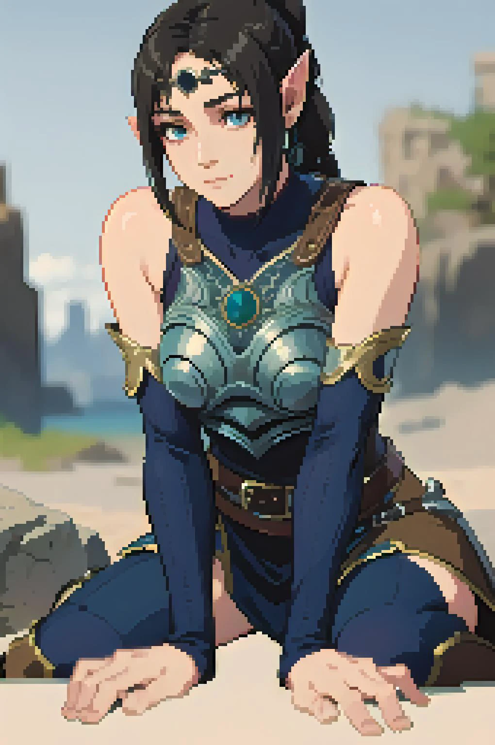 ((dithering)), limited palette, 16bit, pixel art, best quality, masterpiece, <lora:pixel_f2:0.2>, <lora:ShadowHeart:0.8> shadowheart, 1girl, black hair, braided ponytail, circlet, elf, pointy ears, armor, 3d render, realistic, blurry background, full body