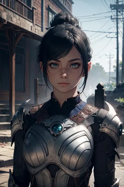 (masterpiece), (extremely intricate:1.3), (realistic,looking at viewer, "Mysterious, Enigmatic and Intriguing"), portrait of ashadowheart,20 yo,detailed 4k skin,4k texture armor with scratches,,determined,nature skin color,black hair, braided ponytail, medium breasts, closed mouth, green eyes, the most beautiful eyes in the world,fullmetal armor, metal reflections, upper body, outdoors, intense sunlight, professional photograph of a stunning girl, detailed, sharp focus, dramatic, award winning, cinematic lighting, octane render, unreal engine, volumetrics dtx, (film grain), casting spell, fantasy background, <lora:LowRA:0.2>, <lora:ShadowHeart:0.8>