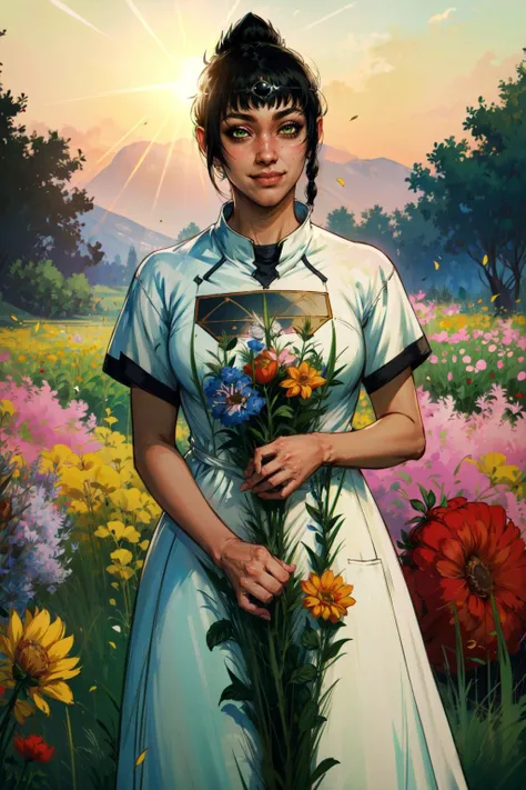 (2d style:1.2), (artwork:1.2), lineart,, by (Satoshi Kon:1.2) (masterpiece, best quality),    <lora:add_detail:0.55>, (blushing) ,  outdoor smile
<lora:ShadowHeart:1>, solo, mature woman, 25 yo, shadowheart, selunite, black hair, braided ponytail, green eyes, glowing green eyes , 
(field of flowers , t-shirt dress , flowers, bright sunshine:1.3)
 <lora:DarkIncursioStyle:0.55>
