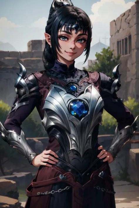 masterpiece,best quality,1girl,shadowheart,black hair,braided ponytail,circlet,elf,pointy ears,armor,smile,hands on hips,looking at viewer,cowboy shot,<lora:ShadowHeart:0.9>,