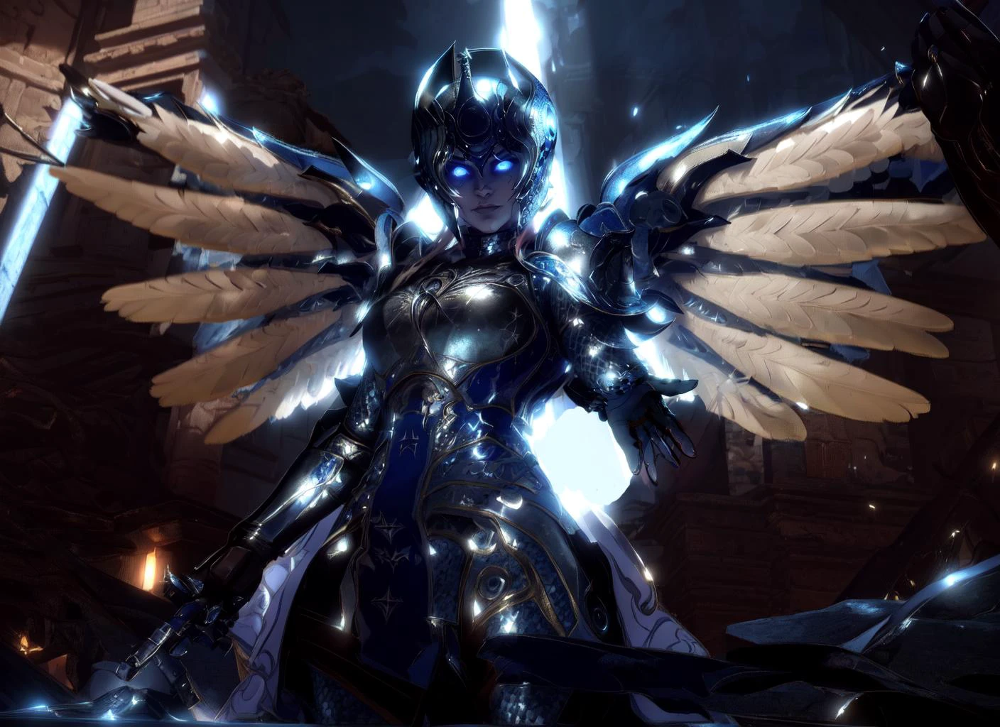 (high quality:1.1), 3D, cinematic lighting, extremely detailed, (light rays:1.1), bokeh, bloom,
BGDameAylin, mature female, 1girl, solo, cowboy shot, holding sword, (imminent hand holding, imminent hug:1.1), (palms:1.1),
determined, looking down, rocks,
blue eyes, glowing eyes,
angel wings, feathered wings, shoulder armor, breastplate, helmet, gauntlets,
ruins, (sky:1.1), <lora:BGDameAylin:0.9> <lyco:owstyle5:1>f
