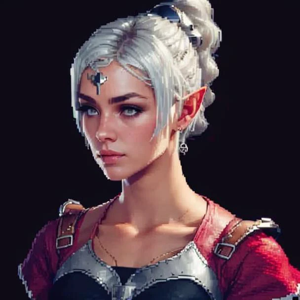 (( <lora:ShadowHeart:0.75>)), shadowheart, 1girl, ((silver hair)), braided ponytail, circlet, elf, pointy ears, realistic, blurry background, ((busty)), dark lighting, masterpiece, ((black background)), ((staring forward)), (( <lora:pixel:0.7>)), ((pixelart))