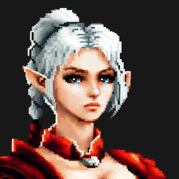 (( <lora:ShadowHeart:0.75>)), shadowheart, 1girl, ((silver hair)), braided ponytail, circlet, elf, pointy ears, realistic, blurry background, ((busty)), dark lighting, masterpiece, ((black background)), ((staring forward)), (( <lora:pixel:0.7>)), ((pixelart))