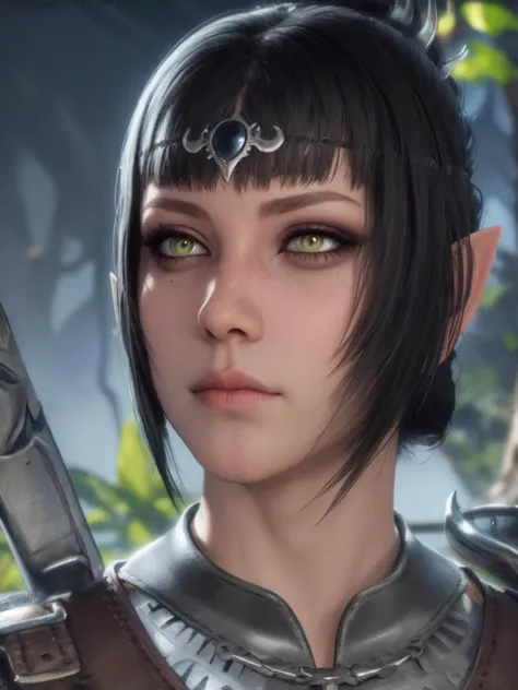 \(Style\): { (masterpiece:1.2, best quality), ultra detailed, 3d animation, baldur's gate 3 style }
\(Composition\): { 1girl, night, moon light }
\(Hair\): { black hair, braided ponytail, blunt bangs, hair covering ears }
\(Appearance\): { <lora:ShadowHeart:0.8>, shadowheart, mature female, cute, slender, skinny, green eyes, pupils, black eyeliner, makeup, elf, pointy ears, lips }
\(Clothing\): { circlet, light armor }
\(Behavior\): { serious, standing, closed mouth }
\(Location\): { forest }