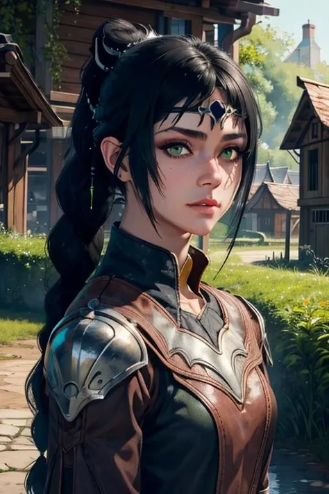 (masterpiece, best quality), 1girl, shadowheart, black hair, braided ponytail, green eyes, circlet, closeup, sketch, looking at viewer, ((green eyes)),(fantasy village on background), <lora:ShadowHeart:0.8>