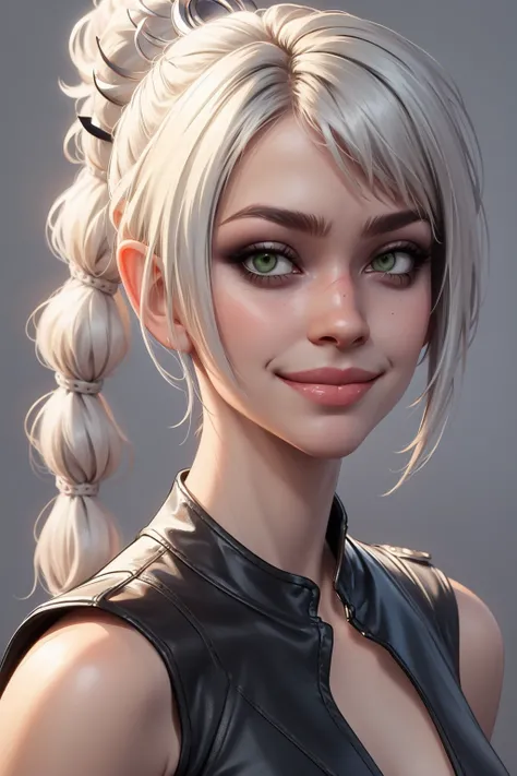 masterpiece, best quality, 1girl, selunite, white hair, braided ponytail, green eyes, closeup, smile, sketch, looking at viewer, simple background <lora:ShadowHeartV2:1>