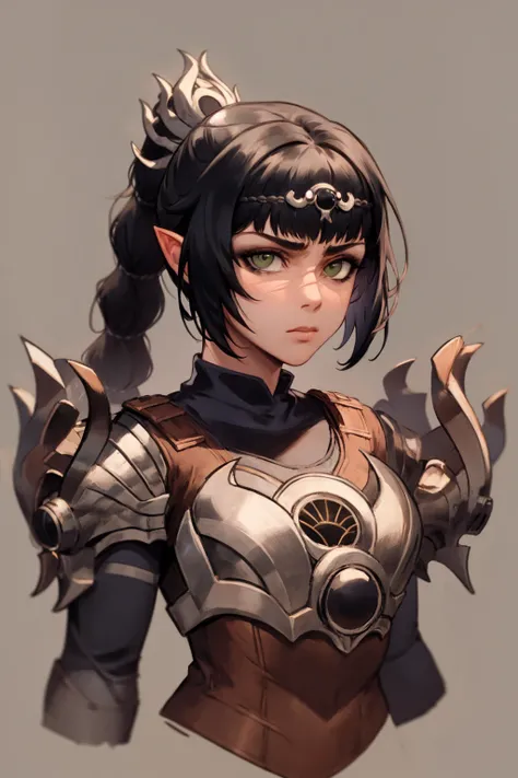 ultra detailed, anime girl, full-body portrait, leather armor, half-elf, raven black fauxhawk hairstyle with shaved sides, heavily freckled face, nose ring, dark red eyeshadow, single slashing scar across left cheek, opal colored eyes, coy smile, faded black and white neck tattoo of a beholder from dungeons & dragons