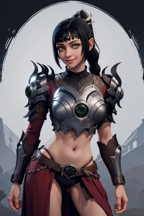 masterpiece, best quality, 1girl, shadowheart, black hair, braided ponytail, green eyes, armor, smile, looking at viewer, cowboy shot, cinematic composition, contrapposto <lora:ShadowHeart:1>