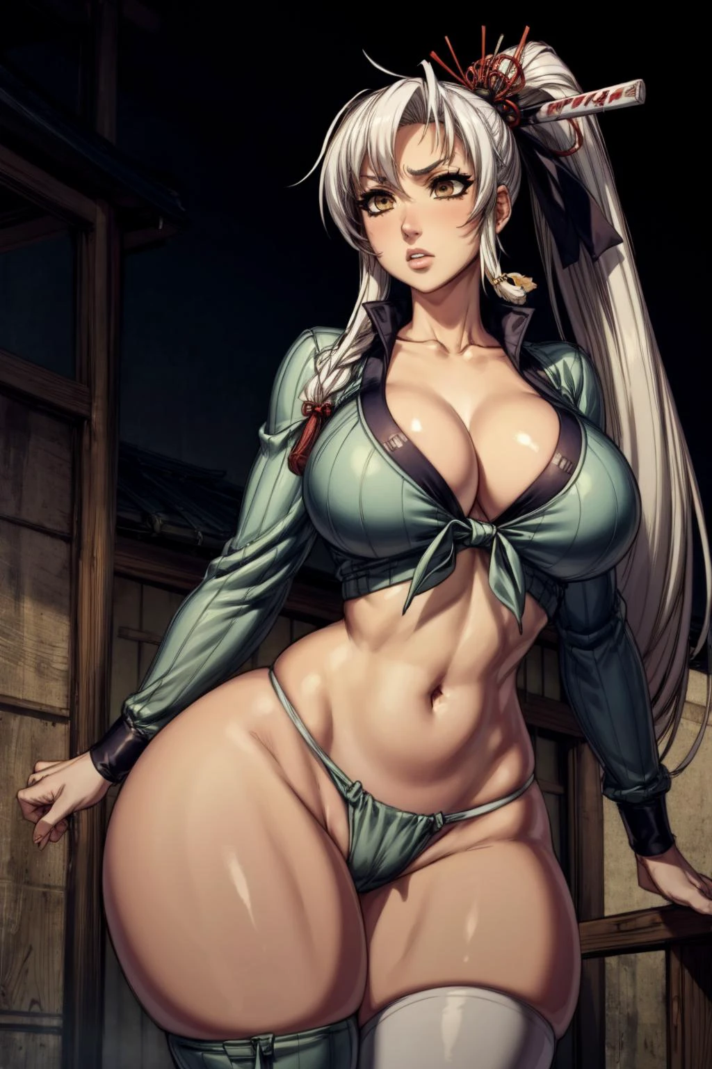 GotouMatabei, japanese clothes, fundoshi, long hair, cleavage, navel, midriff, fron-tie top, brown eyes, silver hair, collarbone, shirt, sidelocks, crop top, long sleeves, ponytail, hair ornament, legwear, <lora:GotouMatabei:0.7>, milf, masterpiece, best quality, extreme detail, 8k, image sharpness, <lora:add_detail:1>, (curvy), huge breasts, puffy tits, wide hips, <lora:hips-10:0.6>