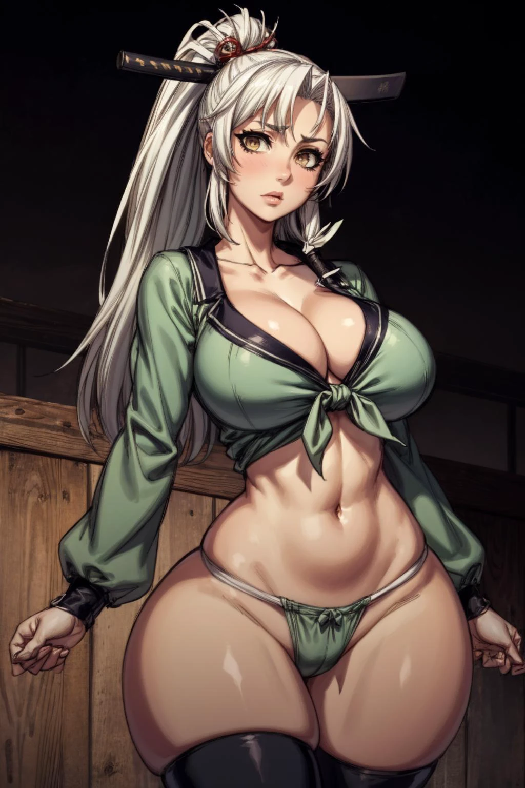 GotouMatabei, japanese clothes, fundoshi, long hair, cleavage, navel, midriff, fron-tie top, brown eyes, silver hair, collarbone, shirt, sidelocks, crop top, long sleeves, ponytail, hair ornament, legwear, <lora:GotouMatabei:0.7>, milf, masterpiece, best quality, extreme detail, 8k, image sharpness, <lora:add_detail:1>, (curvy), huge breasts, puffy tits, wide hips, <lora:hips-10:0.6>
