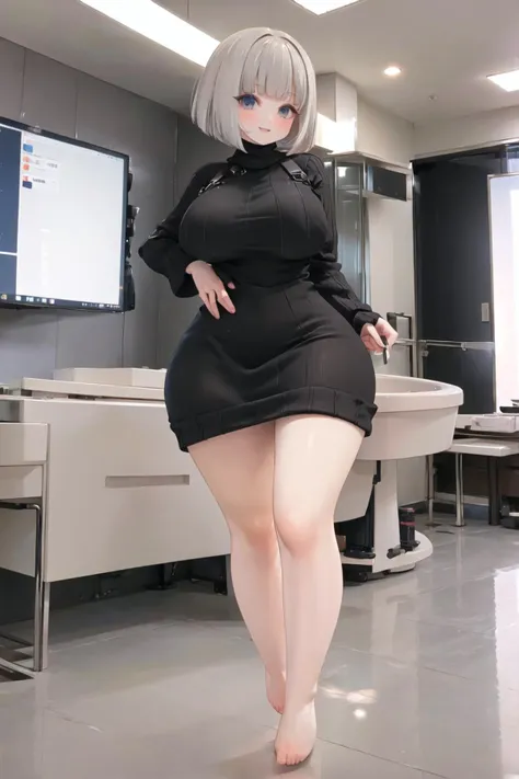 <lora:hips2-10:1>, (wide hips), <lora:3ly2-10:0.6>, full body, indoors, sweater dress, minidress, looking at viewer, barefoot, indoors, huge breasts, blunt bangs, bob cut, lips, parted lips, smile