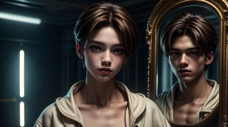 best quality, masterpiece, of a male, dressed as a Time Manipulator, with brown hair, with a male Neatly trimmed side-swept hairstyle with a subtle wave, wearing a nothing, medium shot, posing, In a labyrinth of mirrors in a forgotten palace, where every reflection tells a different story,, realistic, concept art, cinematic, volumetric lighting, highly detailed, 8k ultradetialed character with perfect face,detailed skin,(ultrasharp:1.3),(masterpiece:1.1),best quality AS-YoungV2,(photorealistic:1.2),ultrarealistic,realistic ultradetailed character,4k perfect quality,<lyco:GoodHands-beta2:1>Magnificent,Imperceptible detail,Intricately designed,