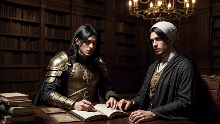 best quality, masterpiece, of a male, dressed as a Warrior, with black hair, with a male Short choppy layers with a tousled finish hairstyle, wearing a headscarf, medium shot, sitting, In a grand library filled with magical books and scrolls, guarded by animated statues,, realistic, concept art, cinematic, volumetric lighting, highly detailed, 8k