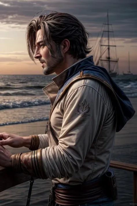 a profestional picutre of 1man, man, trevorbelmont <lora:ARWTrevorBelmont:0.7> ,Sailor's Shanty: Behavior: The character sings along with a sea shanty, their voice hearty and boisterous. Their movements are animated, embodying the camaraderie and shared experiences of sailors who find solace in music., camera angle from side and focus on upper body, blend photorealism 2 2 : fashion shadows photographic unreal 5 daz. rpg ,extremely detailed artgerm greg rutkowski greg,((ultrasharp)),((masterpiece)),((best quality)),((ultradetailed)),((intricated details)), ultradetailed character, detailed face, intricated face details, <lyco:GoodHands-beta2:1.0> <lora:add_detail:0.5> , extremaly detailed background, detailed hands fHandDetail