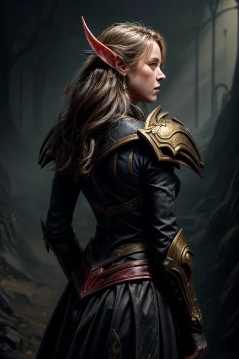 a profestional picutre of marystuartmasterson, 1girl, <lora:bloodelf:0.7> blood elf assasyn, bloodelf, pointy ears, elf, pauldrons, armor,Enforcer's Intimidation: Behavior: The character looms over their target, shoulders broad and stance imposing. Their presence exudes a palpable threat, backed by an unspoken promise of swift action. Their tone is low and menacing as they demand answers or compliance., camera angle from behind and wide shot, blend photorealism 2 2 : fashion shadows photographic unreal 5 daz. rpg ,extremely detailed artgerm greg rutkowski greg,((ultrasharp)),((masterpiece)),((best quality)),((ultradetailed)),((intricated details)), ultradetailed character, detailed face, intricated face details, <lyco:GoodHands-beta2:1.0> <lora:add_detail:0.5> , extremaly detailed background, detailed hands fHandDetail