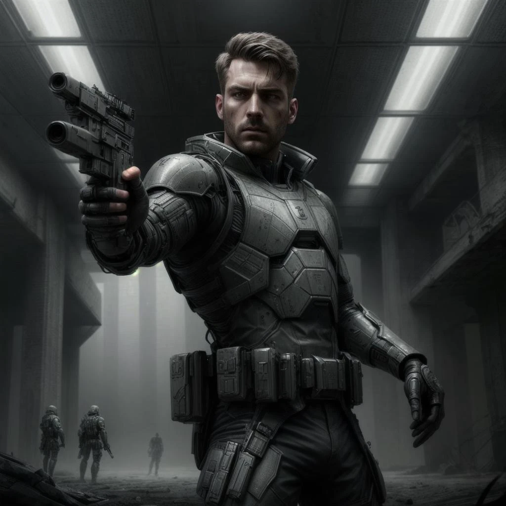 Dystopian style aiming at viewer, highly detailed photorealistic, highly detailed face, futuristic soldier in futuristic hightech armor, aiming a futuristic hi-tech pistol at viewer, sci fi . . Bleak, post-apocalyptic, somber, dramatic, highly detailed