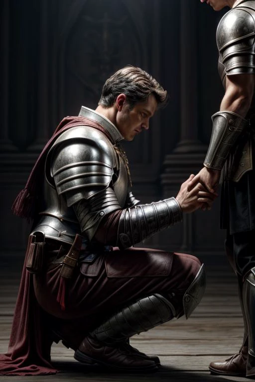 a profestional picutre of 1man, warrior <lora:bl8ckIC-1CIVIT style:0.7> ,Knight's Vow: Behavior: The character kneels before a respected figure, one hand placed over their heart, the other extended in a pledge. Their words are solemn and unwavering, echoing their dedication to honor, loyalty, and duty., camera angle from side and cowboy shot, blend photorealism 2 2 : fashion shadows photographic unreal 5 daz. rpg ,extremely detailed artgerm greg rutkowski greg,((ultrasharp)),((masterpiece)),((best quality)),((ultradetailed)),((intricated details)), ultradetailed character, detailed face, intricated face details, <lyco:GoodHands-beta2:1.0> <lora:add_detail:0.5> , extremaly detailed background, detailed hands fHandDetail
