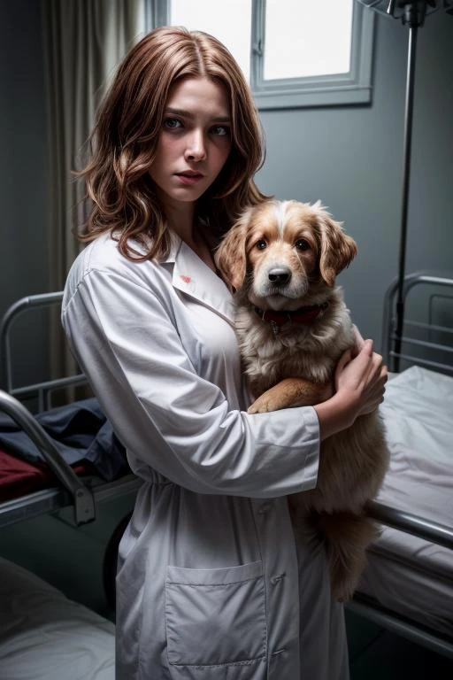 an awarded profesional photography of (1man:1.3) dragon with red eyes with male Straight Short Textured Hair hair hairstyle and long beard in strawberry blonde color, dressed as Elemental Mage gloom (expression), holding a dog in WWII, Military Hospital, Rows of beds with injured soldiers, medical equipment, nurses and doctors in period attire, white linens ,(epic scene:1.3),ultradetialed character with perfect face,detailed skin,(ultrasharp:1.3),(masterpiece:1.1),best quality,(photorealistic:1.2),ultrarealistic,realistic ultradetailed character,4k perfect quality, <lyco:GoodHands-beta2:1> by by Henri Cartier-Bresson Hard Fill Lighting camera angle dutch angle and focus on full body Magnificent,Imperceptible detail,Intricately designed, (perfect quality face:1.5) hyper-detailed complex, insanely detailed, detailed clothes, detailed skin, detailed body,