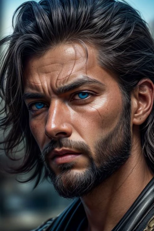 an awarded profesional photography of (1man:1.3) Mesopotamian with Turquoise eyes with male side-swept fringe hairstyle and Dutch beard in silver color, dressed as Warrior shocked, with a weapon Holding a Spiked Bat in street ,(epic scene:1.3),ultradetialed character with perfect face,detailed skin,(ultrasharp:1.3),(masterpiece:1.1),best quality,(photorealistic:1.2),ultrarealistic,realistic ultradetailed character,4k perfect quality, <lyco:GoodHands-beta2:1> by Nick Park Streetlighting camera angle close-up and feet out of frame Magnificent,Imperceptible detail,Intricately designed, (perfect quality face:1.5) hyper-detailed complex, insanely detailed, detailed clothes, detailed skin, detailed body,