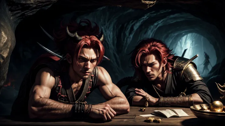 best quality, masterpiece, of a male, dressed as a Duelist, with red hair, with a male Nobleman's bouffant with precise waves and a distinguished side part hairstyle, wearing a SamuraiPunkAI, demon mask, <lora:SamuraiPunkAIv3:.5>, portrait, fighting, In a mystical cave filled with treasure, guarded by a sleeping dragon,, realistic, concept art, cinematic, volumetric lighting, highly detailed, 8k