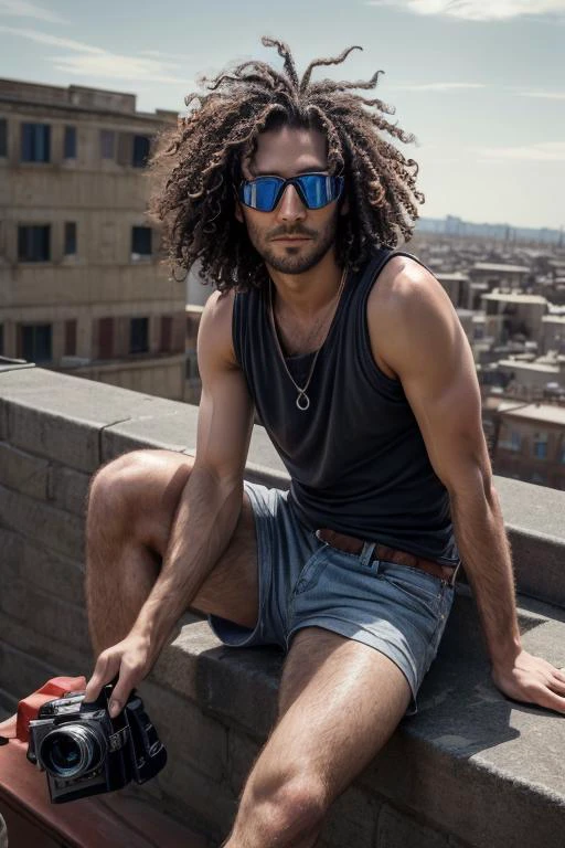 an awarded profesional photography of (1man:1.3) angel with brown eyes with male Curly Twists hair hairstyle and anchor shaving in silver color, he wear tank top and Goggles smirk, Leaning against a stone wall, she holds a vintage camera, capturing the world through her lens in on a rooftop ,(epic scene:1.3),ultradetialed character with perfect face,detailed skin,(ultrasharp:1.3),(masterpiece:1.1),best quality,(photorealistic:1.2),ultrarealistic,realistic ultradetailed character,4k perfect quality, <lyco:GoodHands-beta2:1> by Mark Fearnley Short Lighting camera angle perspective and feet out of frame Magnificent,Imperceptible detail,Intricately designed, (perfect quality face:1.5) hyper-detailed complex, insanely detailed, detailed clothes, detailed skin, detailed body,