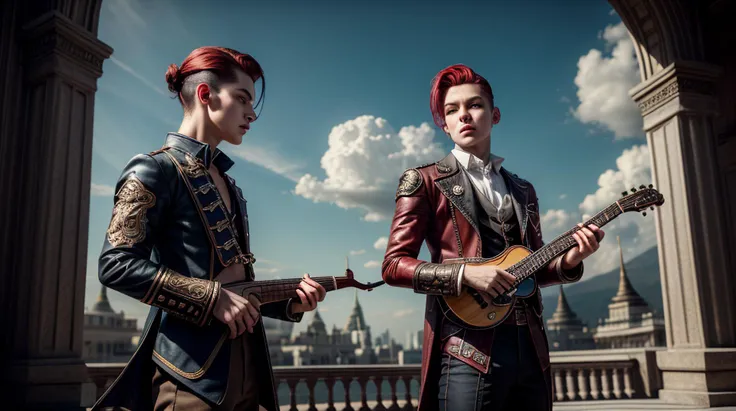 best quality, masterpiece, of a male, dressed as a Bard, with red hair, with a male Slicked-back undercut with a high-shine finish hairstyle, wearing a steampunk mask, medium shot, standing, In a grand palace of clouds in the sky, where the wind god resides,, realistic, concept art, cinematic, volumetric lighting, highly detailed, 8k ultradetialed character with perfect face,detailed skin,(ultrasharp:1.3),(masterpiece:1.1),best quality AS-YoungV2,(photorealistic:1.2),ultrarealistic,realistic ultradetailed character,4k perfect quality,<lyco:GoodHands-beta2:1>Magnificent,Imperceptible detail,Intricately designed,