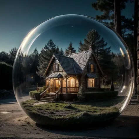 mini house, landscape, old fashion, nature, night light, a bubble, in the bubble, high detailed, masterpiece, best quality, <lora:Bubble_Sora:0.4>, (masterpiece,best quality:1.5)