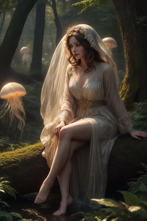 <lora:jellyfish-noise:0.5>, ((best quality)), ((masterpiece)), (detailed), a brooding woman sitting on a weathered log, deep in a verdant forest, (whimsical spirits:1.4) dancing around her in an ethereal waltz, (luminescent jellyfish:1.2) floating above, casting an enchanting glow. The scene is depicted in the style of Brian Froud, fusing realism with fairy-tale fantasy, (warm light:1.3) filtering through the canopy, casting dappled patterns on her face. The camera angle offers a mid-shot view, capturing the woman and her spectral companions, fully immersing the viewer in this whimsical woodland spectacle.