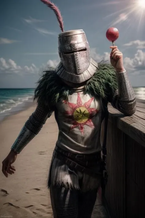 (AS-YoungerV2:1), <lora:more_details:0.6>, <lora:Solaire:0.8>, ((masterpiece)), (high quality), (detailed) solaire in a helmet ((holding a lolipop)) and doing a sexy pose, sexy, sunny beach, twilight,