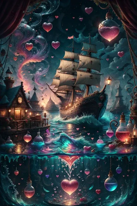 <lora:love-potion-style-darquelilly-v2:.7> lovepotionstyle, ship over water