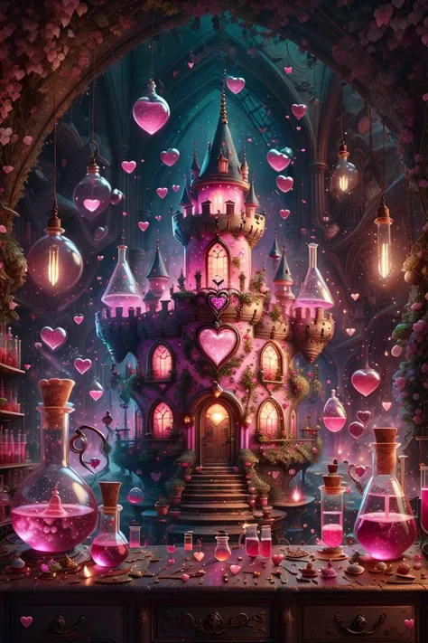 <lora:love-potion-style-darquelilly-v2:1> lovepotionstyle, pink castle