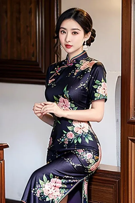 (masterpiece:1.2), best quality, masterpiece, highres, original,ultra-detailed, 4k,8k,1girl, black hair,braid, china dress, chinese clothes, dress, earrings, floral print, jewelry, lips, lipstick, makeup, print dress, side slit, solo,<lora:chi-pao:0.8>