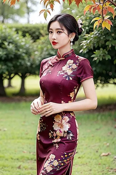 (masterpiece:1.2), best quality, masterpiece, highres, original,perfect light, 4k,8k,1girl, black hair, blurry background, bouquet, china dress, chinese clothes, day, depth of field, dress, earrings, floral print, flower, garden, holding, jewelry, lips, lipstick, makeup, nature, outdoors, realistic, red lips, short hair, solo, standing, tree, white dress, <lora:æè¢:0.7>