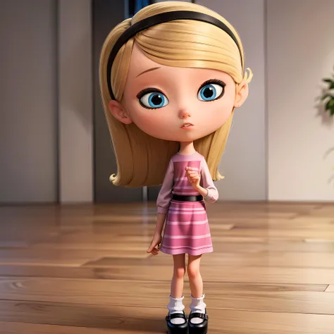 ((masterpiece, best quality)),(complex light), 1girl, full body, solo,child, penny peterson,blonde hair,hairband, <lora:Penny_Peterson1-10:0.8>,pink dress, blue eyes, mary janes , socks,