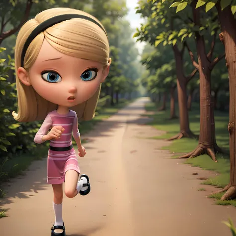 ((masterpiece, best quality)),(complex light), 1girl, full body, solo,child, penny peterson,blonde hair,hairband, <lora:Penny_Peterson1-10:0.8>,pink dress, blue eyes, mary janes , running, forest,