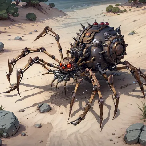 A creepy creature with the body of a fish, bug eyes, a huge mouth full of jagged teeth, and spider legs, prowls the beach at night looking for food