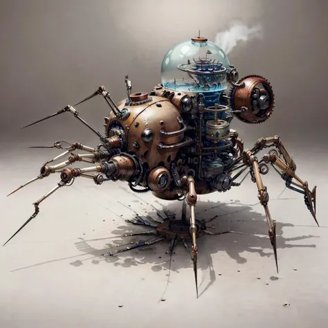 concept art, <lora:Clockworkspider:.75> Clockworkspider combine harvester , metal , glass , wire , valve
