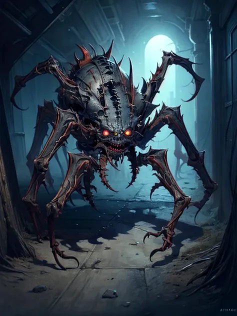 clockworkspider, Concept art, creepy spider monster creeping down a dark futuristic hallway, highly detailed, <lora:clockworkspiderV2:.8>