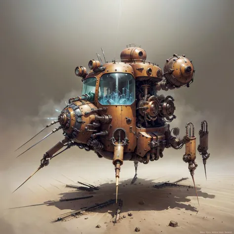 concept art, <lora:Clockworkspider:.5> Clockworkspider combine harvester , metal , glass , wire , valve