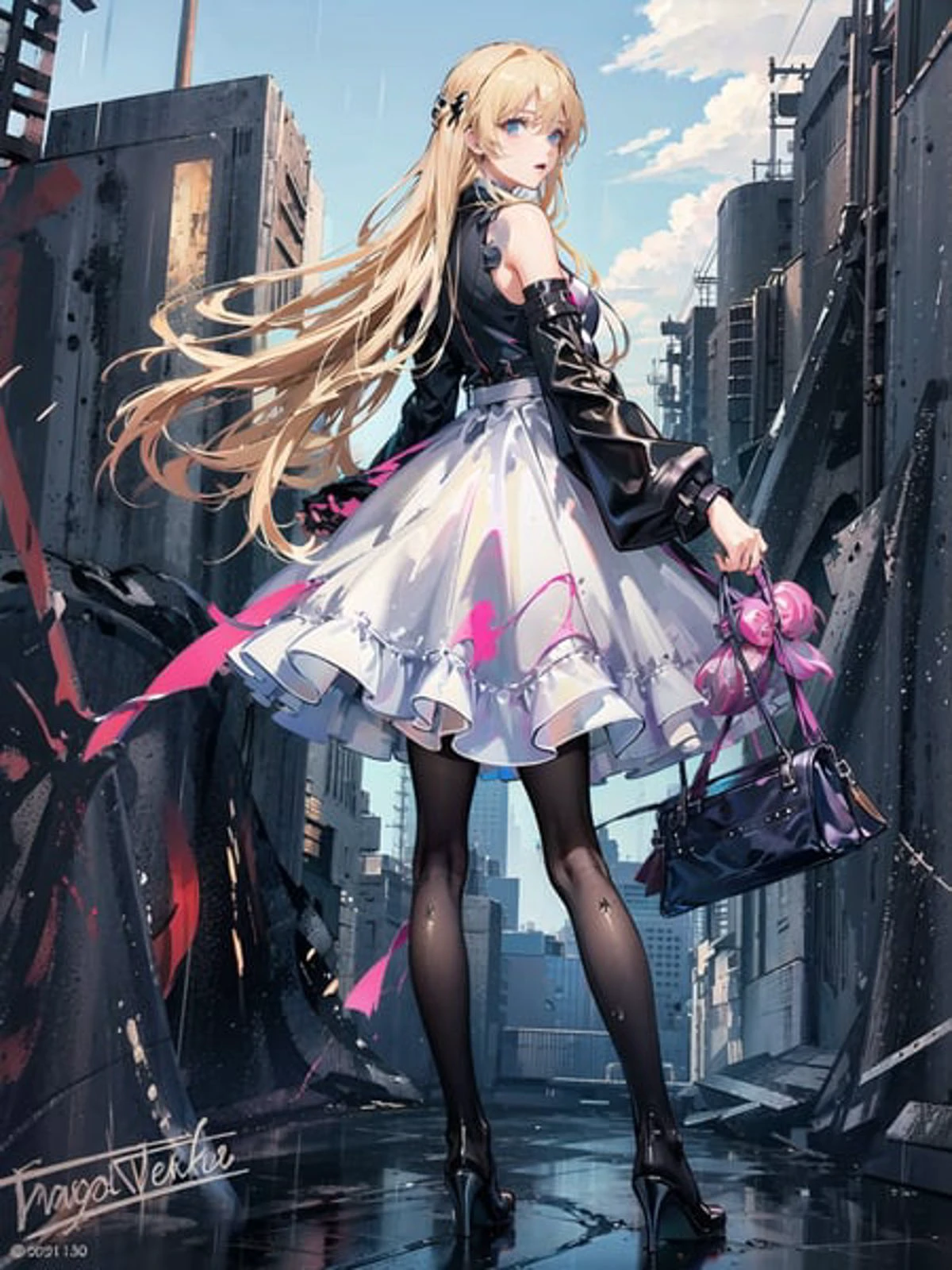 masterpiece,1girl,solo, blonde hair, <lora:BrestV1-000006:0.9>, (coat), factory, standing:1.3,outdoors,wet,rain, from behind, pantyhose, neon genesis evangelion gakuen datenroku, detached sleeves,