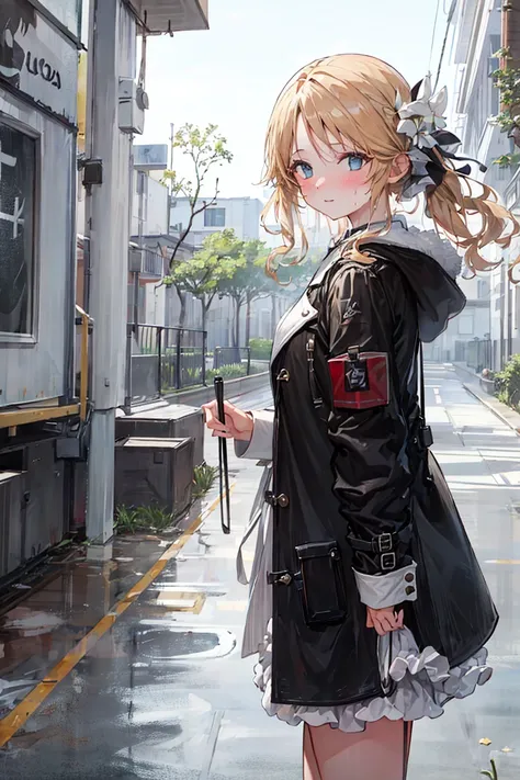 masterpiece,1girl,solo, blonde hair, <lora:BrestV1-000006:0.9>, (coat), factory, standing:1.3,outdoors,wet,rain