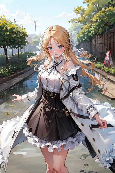 masterpiece,1girl,solo, blonde hair, <lora:BrestV1-000006:0.9>, (coat), factory, standing:1.3,outdoors,wet,rain